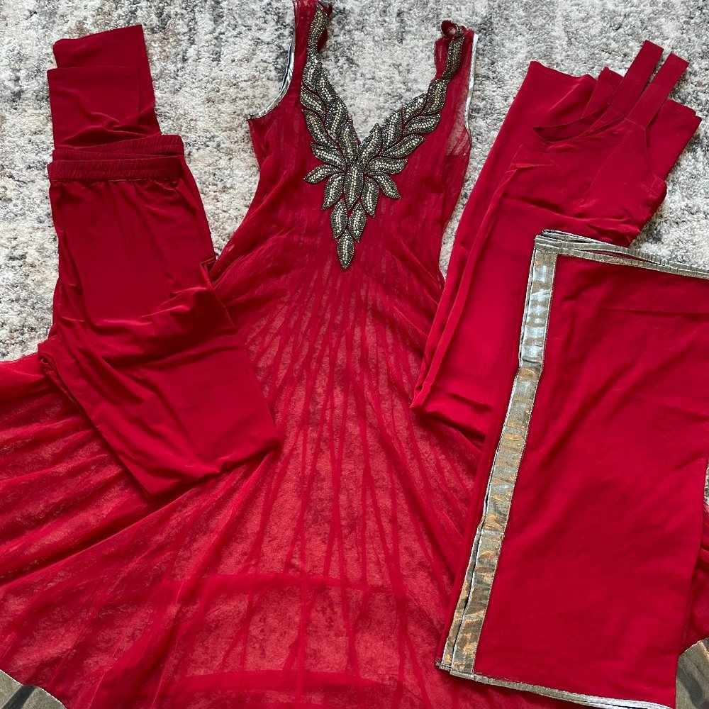 [NEW] Indian Pakistani Anarkali Gown Salwar Ethnic Suit Red and Silver XS